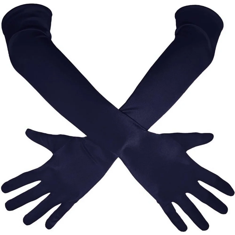 Women's Navy Shiny Satin Long Gloves Elbow Length Wedding Dancing Party Tea